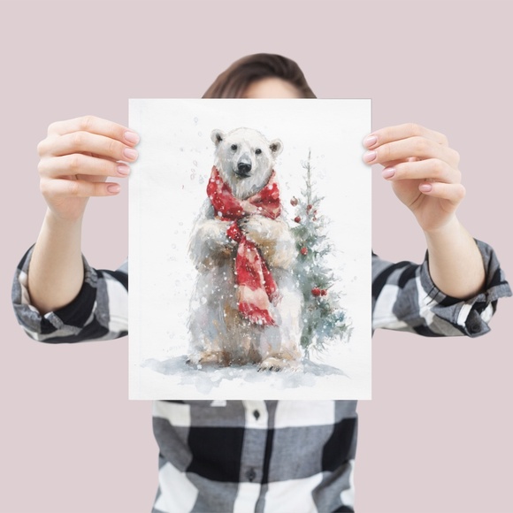 Watercolor Polar Bear with Red Scarf Portrait Wall Art Print Poster, Unframed - Picture 4 of 5